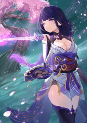 Rule 34 | 1girl, armor, blunt bangs, breasts, bridal gauntlets, bright pupils, cherry blossoms, cleavage, crossed legs, falling petals, fog, genshin impact, gold trim, hair ornament, hand up, highres, holding, holding sword, holding weapon, japanese clothes, kimono, light particles, light rays, long hair, looking to the side, medium breasts, mole, mole under eye, musou isshin (genshin impact), obi, petals, print kimono, purple eyes, purple hair, purple kimono, purple sash, purple thighhighs, raiden shogun, sash, sera narumu, shoulder armor, shrug (clothing), sidelocks, smile, sword, tassel, thighhighs, vision (genshin impact), weapon, white pupils