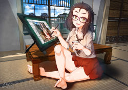 Rule 34 | 1girl, barefoot, black hair, blush, breasts, cleavage, collarbone, drawing tablet, freckles, glasses, green eyes, highres, indoors, kasumi (megadeko), large breasts, looking at viewer, megadeko, miniskirt, monitor, necktie, open mouth, original, pleated skirt, red skirt, school uniform, shiny skin, short hair, sitting, skirt, smile, solo, striped necktie, stylus, table, tablet pc, tatami, toe scrunch, window