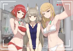 Rule 34 | 3girls, absurdres, animal ears, armpits, bare shoulders, bikini, blonde hair, blush, bow, breast hold, breasts, brown eyes, cleavage, cowboy shot, eyebrows, gem, grey hair, half-closed eyes, hand on another&#039;s shoulder, highres, indoors, long hair, looking at viewer, low twintails, medium breasts, multiple girls, mythra (xenoblade), navel, nia (blade) (xenoblade), nia (xenoblade), one-piece swimsuit, outstretched arm, pyra (xenoblade), reaching, reaching towards viewer, recording, red bikini, red eyes, red hair, selfie, short hair, shy, side-tie bikini bottom, small breasts, smile, spoilers, sweatdrop, swept bangs, swimsuit, twintails, underboob, very long hair, white bikini, white bow, xenoblade chronicles (series), xenoblade chronicles 2, yellow eyes