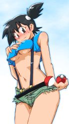Rule 34 | 1girl, alternate color, black hair, blush, breasts, creatures (company), denim, denim shorts, game freak, gym leader, looking at viewer, misty (pokemon), navel, nintendo, onnaski, open mouth, poke ball, pokemon, pokemon: the electric tale of pikachu, pokemon (anime), pokemon (classic anime), short hair, shorts, side ponytail, solo, suspenders, underboob