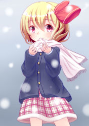 Rule 34 | 1girl, absurdres, alternate costume, biting, biting clothes, blonde hair, blue background, blush, choko (mixberry parfait), coat, fang, female focus, fur trim, hair ribbon, highres, looking at viewer, plaid, plaid skirt, red eyes, ribbon, rumia, scarf, short hair, simple background, skirt, snow, solo, touhou