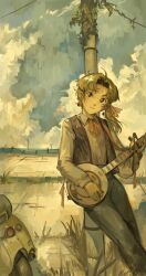 1girl absurdres blue_pants bow brown_eyes cloud cumulonimbus_cloud earrings green_hair hatsuseno_alpha highres holding holding_instrument impressionism instrument jewelry kornod landscape looking_at_viewer motor_vehicle outdoors painterly pants scooter shirt solo vespa white_shirt yellow_bow yokohama_kaidashi_kikou yueqin