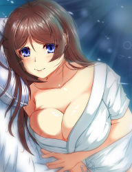 Rule 34 | 1girl, absurdres, alternate costume, blue eyes, breasts, brown hair, chougei (kancolle), collarbone, hair down, highres, kantai collection, large breasts, long hair, looking at viewer, lying, on side, pillow, shigatsu (soratobuusagi), short sleeves, smile, solo