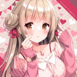 Rule 34 | 1girl, :o, blush, bow, breasts, brown eyes, brown hair, collarbone, commentary request, diagonal stripes, double bun, dress, hair bow, hair bun, hands up, heart, heart background, highres, irori, jacket, jewelry, long hair, long sleeves, looking at viewer, medium breasts, open clothes, open jacket, original, parted lips, pendant, pennant, pink jacket, red bow, sleeves past wrists, solo, string of flags, striped, striped background, upper body, white dress