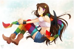 Rule 34 | 1girl, artist name, asymmetrical wings, bird wings, black wings, boots, brown hair, cowboy boots, facial tattoo, hair ornament, heterochromia, jewelry, long hair, meago, midriff, multicolored clothes, multicolored legwear, multicolored scarf, navel, necklace, original, rainbow order, scarf, short shorts, shorts, signature, sitting, smile, solo, star (symbol), star hair ornament, strapless, striped clothes, striped scarf, striped thighhighs, tattoo, thighhighs, tube top, very long hair, wings, wristband, zettai ryouiki