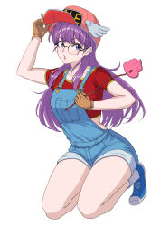 Rule 34 | 1girl, :o, absurdres, arm up, blush, commentary request, crop top, dr. slump, english text, glasses, gloves, hat, highres, holding, light blush, long hair, looking at viewer, norimaki arale, overalls, purple eyes, purple hair, ramuneogura, red shirt, shirt, shoes, short sleeves, simple background, sneakers, socks, solo, t-shirt, thighs, white background, wings