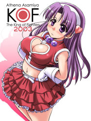 Rule 34 | 1girl, asamiya athena, belt, blush, breasts, cleavage, cleavage cutout, clothing cutout, gloves, hairband, heart, heart cutout, jewelry, large breasts, long hair, midriff, navel, purple eyes, purple hair, skirt, sleeveless, snk, solo, the king of fighters, the king of fighters 2003, tonpuu