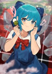 Rule 34 | 1girl, blue bow, blue dress, blue eyes, blue hair, blush, bow, cirno, dress, food, hair bow, highres, holding, holding food, ice, ice wings, kurowa (curowa), outdoors, puffy short sleeves, puffy sleeves, red bow, shirt, short hair, short sleeves, solo, touhou, wavy mouth, white shirt, wings