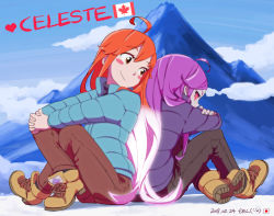 Rule 34 | ahoge, artist name, badeline, blue coat, blush stickers, boots, brown eyes, brown pants, canadian flag, celeste (video game), closed mouth, cloud, coat, colored sclera, commentary, copyright name, crossed legs, dated, day, del-chan, glowing, glowing hair, highres, japanese flag, long hair, looking back, madeline (celeste), mountain, orange hair, outdoors, own hands together, pants, profile, purple coat, purple hair, red sclera, sitting, sky, smile, very long hair