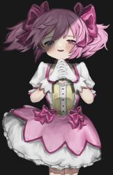 Rule 34 | 1girl, black background, blush, bow, cowboy shot, dress, gloves, hair bow, half-closed eyes, highres, kaname madoka, looking at viewer, magical girl, mahou shoujo madoka magica, own hands clasped, own hands together, parted lips, pink eyes, pink hair, shinsekai (z o10), short sleeves, short twintails, simple background, smile, solo, twintails