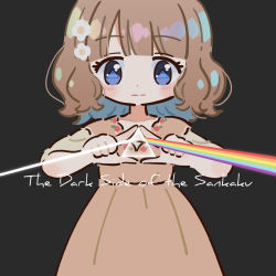 Rule 34 | 1girl, album cover redraw, artist request, black background, blue eyes, brown hair, commentary request, dark side of the moon, derivative work, flower, hair flower, hair ornament, idolmaster, idolmaster million live!, light rays, medium hair, parody, pink floyd, rainbow, short hair, solo, suou momoko, triangle