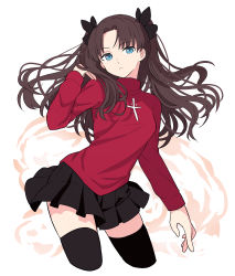 Rule 34 | 1girl, absurdres, bad id, bad pixiv id, black hair, black ribbon, black skirt, black thighhighs, blue eyes, cowboy shot, cropped legs, closed eyes, fate/stay night, fate (series), hair ribbon, hand in own hair, highres, long hair, long sleeves, looking at viewer, lq saku, pleated skirt, red sweater, ribbon, skirt, solo, sweater, thighhighs, thighs, tohsaka rin, two side up, white background, zettai ryouiki