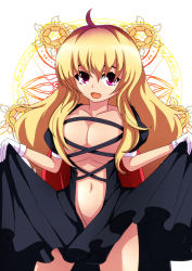 1girl black_dress blonde_hair breasts cleavage clothes_lift collarbone dress dress_lift female_focus gloves highres hijiri_byakuren large_breasts long_hair merry_(diameri) midriff navel no_bra no_panties open_mouth purple_hair revealing_clothes smile solo touhou white_gloves