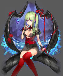 Rule 34 | 1girl, arm at side, black nails, black skirt, bow, bra, breasts, cleavage, closed mouth, collared vest, field, flower, gem, ginka sima, green hair, grey background, horn bow, horn ornament, horns, light particles, lips, long hair, looking at viewer, medium breasts, nail polish, necktie, open clothes, open vest, original, puffy short sleeves, puffy sleeves, purple eyes, red bow, red flower, red rose, red thighhighs, red vest, rose, school uniform, short necktie, short sleeves, sidelocks, simple background, sitting, skirt, smile, solo, striped bra, striped clothes, striped skirt, thighhighs, thighs, twintails, underwear, vertical-striped bra, vertical-striped clothes, vertical-striped skirt, vest, wing collar, wrist cuffs, zettai ryouiki