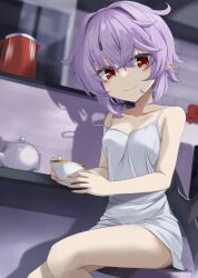 Rule 34 | akisome hatsuka, alternate costume, alternate hairstyle, bat wings, black wings, breasts, camisole, collarbone, cup, looking at viewer, pointy ears, purple hair, red eyes, remilia scarlet, short ponytail, slit pupils, small breasts, smile, teacup, thighs, touhou, wings