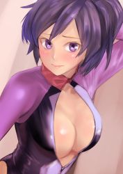 Rule 34 | 10s, 1girl, ayame (gundam build divers), black hair, blush, bodysuit, breasts, cleavage, diving suit, fujisawa aya (gundam build divers), gundam, gundam build divers, highres, kilye kairi, lips, long hair, looking at viewer, medium breasts, open clothes, purple eyes, purple hair, shiny skin, side ponytail, solo, upper body, wetsuit