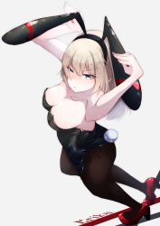 Rule 34 | 10s, 1girl, absurdres, animal ears, arms up, black leotard, blurry, blurry background, blush, breasts, character name, cleavage, closed mouth, fake animal ears, fake tail, from side, frown, full body, girls und panzer, grey background, high heels, highres, itsumi erika, legs, leotard, long hair, looking at viewer, medium breasts, murata ryou, pantyhose, playboy bunny, rabbit ears, rabbit pose, rabbit tail, red footwear, side-tie leotard, simple background, solo, standing, strapless, strapless leotard, tail, v-shaped eyebrows