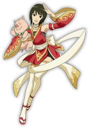 Rule 34 | 1girl, alternate costume, black eyes, black hair, breasts, chinese clothes, dress, full body, hug, legs, looking at viewer, naruto (series), naruto shippuuden, official art, one eye closed, pig, red dress, sandals, shizune (naruto), smile, thighhighs, tonton (naruto), wink, zettai ryouiki