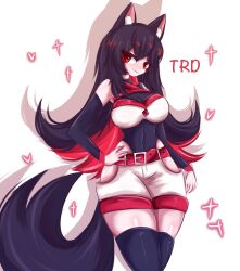 Rule 34 | 1girl, animal ear fluff, animal ears, arm warmers, bare hips, bare shoulders, belt, black hair, black leotard, breasts, fox ears, fox girl, fox tail, hand on own hip, highres, hip vent, inako (usa37107692), large breasts, leotard, long hair, looking at viewer, multicolored hair, original, red belt, red eyes, red hair, shorts, smile, tail, thick thighs, thighhighs, thighs, trd-yo, white shorts, wide hips, zettai ryouiki