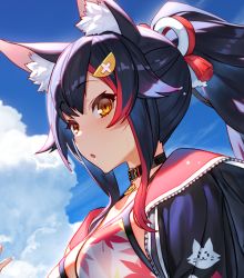 Rule 34 | 1girl, animal ear fluff, animal ears, bikini, bikini top only, black collar, black hair, black jacket, blue sky, blush, collar, commentary, day, from side, hair ornament, hairclip, hololive, izumi sai, jacket, kouhaku nawa, long hair, looking at viewer, official art, ookami mio, ookami mio (hololive summer 2019), open mouth, outdoors, parted lips, ponytail, red hair, rope, shimenawa, sky, swimsuit, upper body, virtual youtuber, white bikini, wolf ears, yellow eyes