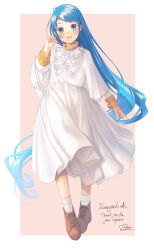 Rule 34 | 1girl, absurdres, blue eyes, blue hair, brown footwear, commission, dress, embroidery, highres, kantai collection, long dress, long hair, long sleeves, rom (rommmoon), samidare (kancolle), skeb commission, socks, sweater under dress, very long hair, white dress, white socks