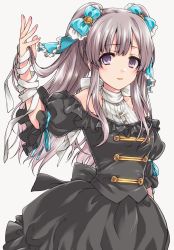 Rule 34 | 1girl, bandages, black dress, blue bow, bow, clothing cutout, commentary, dress, frilled bow, frilled sleeves, frills, grey background, grey hair, hair bow, hand in own hair, highres, idolmaster, idolmaster shiny colors, kuroi mimei, light smile, long hair, long sleeves, looking at viewer, medium dress, open mouth, purple eyes, shoulder cutout, simple background, solo, standing, twintails, yukoku kiriko