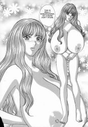 Rule 34 | blue eyes (manga), breasts, claire fairchild, hard-translated, highres, huge breasts, long hair, monochrome, nishimaki tooru, nude, third-party edit, translated