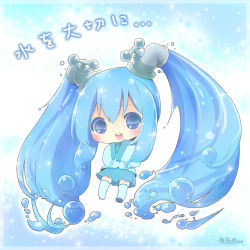Rule 34 | 1girl, artist name, blue eyes, blue hair, blush, boots, chibi, crellia, faucet, hatsune miku, liquid hair, long hair, matching hair/eyes, open mouth, skirt, sleeves past wrists, solo, thigh boots, thighhighs, twintails, very long hair, vocaloid, water