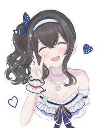 Rule 34 | 1girl, absurdres, bare shoulders, black hair, blush, breasts, cleavage, closed eyes, commentary, cropped torso, hairband, hand up, hanilz, heart, highres, idolmaster, idolmaster cinderella girls, medium breasts, open mouth, sagisawa fumika, side ponytail, simple background, smile, solo, symbol-only commentary, v, white background, white hairband