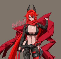Rule 34 | 1girl, :/, bags under eyes, bali, black gloves, breasts, chaps, character name, cleavage, closed mouth, crop top, cropped jacket, fingerless gloves, gloves, goddess of victory: nikke, hair between eyes, headgear, highres, holding, holding clothes, holding jacket, horns, jacket, large breasts, leather, leather jacket, long hair, long sleeves, looking at viewer, mechanical horns, navel, orange eyes, red hair, red hood (nikke), red jacket, red scarf, scarf, solo, very long hair