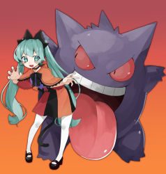 Rule 34 | 1girl, :d, absurdres, black footwear, capelet, claw pose, commentary request, creatures (company), crossover, game freak, gen 1 pokemon, gengar, gradient background, green eyes, green hair, green nails, hatsune miku, highres, leaning forward, long hair, looking at another, looking to the side, nail polish, nintendo, open mouth, orange background, orange capelet, pantyhose, pokemon, pokemon (creature), purple shirt, red background, red eyes, reirou (chokoonnpu), shirt, shoes, skirt, smile, standing, tongue, tongue out, twintails, v-shaped eyebrows, v-shaped eyes, very long hair, vocaloid, white pantyhose