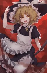 Rule 34 | 1girl, absurdres, apron, black dress, black hat, blonde hair, bloomers, bow, braid, broom, broom riding, chu (yuzumeno), dress, embodiment of scarlet devil, frilled dress, frilled hat, frills, hand on headwear, hat, hat bow, highres, kirisame marisa, looking at viewer, puffy short sleeves, puffy sleeves, red skirt, short hair, short sleeves, single braid, skirt, solo, touhou, turtleneck, underwear, upper body, white apron, white bloomers, white bow, witch hat, yellow eyes