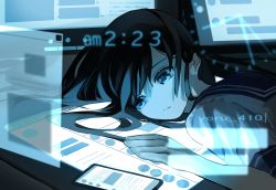 Rule 34 | 1girl, absurdres, arm up, artist name, black hair, blue eyes, blue light, blue theme, cellphone, clock, closed mouth, computer, expressionless, frown, head on table, highres, holographic interface, long hair, looking down, monitor, original, phone, school uniform, screen, short sleeves, solo, twintails, yoru 410