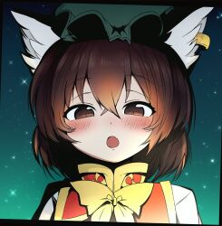 Rule 34 | 1girl, animal ear fluff, animal ears, ascot, blush, bow, brown eyes, brown hair, cat ears, chen, earrings, fang, hat, highres, jewelry, letterboxed, looking at viewer, mizuga, mob cap, open mouth, single earring, solo, star (symbol), touhou, yellow bow