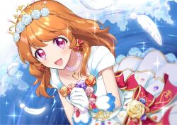 Rule 34 | 1girl, :d, aikatsu!, aikatsu! (series), blush, bow, dress, earrings, feathers, flower, gloves, hair flower, hair ornament, heart, heart necklace, idol, jewelry, long hair, looking at viewer, mitsuki meia, necklace, ozora akari, open mouth, orange hair, pearl necklace, pink eyes, red bow, smile, solo, sparkle, tiara, waist bow, water, white dress, white feathers, white flower, white gloves