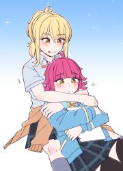 2girls :p absurdres ahoge arms_around_neck bad_id bad_twitter_id between_legs black_skirt black_thighhighs blonde_hair blue_jacket blunt_bangs blunt_ends blush bright_pupils closed_mouth clothes_around_waist collared_shirt commentary gradient_background highres holding holding_sketchbook hug hug_from_behind jacket long_sleeves love_live! love_live!_nijigasaki_high_school_idol_club lying lying_on_person miyashita_ai multiple_girls neck_ribbon nijigasaki_school_uniform on_back orange_eyes orange_ribbon pink_hair pink_ribbon plaid_clothes plaid_skirt ponytail puff_of_air ribbon rlqns9995 school_uniform scrunchie shirt short_sleeves sidelocks sitting sketchbook skirt sparkle sweater sweater_around_waist symbol-only_commentary tennoji_rina thighhighs tongue tongue_out white_pupils wrist_scrunchie yellow_eyes zettai_ryouiki