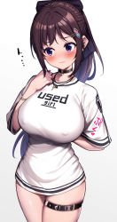Rule 34 | 1girl, absurdres, blush, breasts, brown hair, highres, karaage bou, key, key necklace, large breasts, long hair, necklace, original, ponytail, purple eyes, shirt, short sleeves, solo, thighs, white background, white shirt