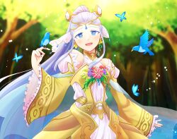 Rule 34 | 1girl, :d, animal, bird, bird on hand, blue eyes, bug, butterfly, detached sleeves, dlllll lllllb, dress, earrings, eir (fire emblem), fire emblem, fire emblem heroes, flower earrings, highres, insect, jewelry, long hair, long sleeves, looking at viewer, nintendo, official alternate costume, open mouth, outdoors, ponytail, sidelocks, smile, tree, white hair, wide sleeves, yellow dress