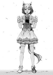 Rule 34 | 1girl, :o, animal ears, asymmetrical footwear, braid, clenched hands, crop top, frilled skirt, frills, full body, greyscale, highres, horse ears, horse girl, horse tail, kazushiki midori, loafers, looking at viewer, mismatched footwear, monochrome, multicolored hair, shoes, skirt, solo, special week (umamusume), tail, thighhighs, two-tone hair, umamusume, vest