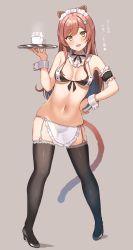Rule 34 | 1girl, :d, absurdres, animal ears, armband, black bra, black thighhighs, blush, bra, breasts, brown background, brown hair, cat ears, cat tail, cleavage, detached collar, fake animal ears, fake tail, garter straps, hair between eyes, hair ornament, hand on own hip, high heels, highres, holding, holding plate, idolmaster, idolmaster shiny colors, long hair, looking at viewer, maid, maid headdress, medium breasts, navel, open mouth, osaki amana, plate, simple background, skindentation, smile, solo, speech bubble, standing, stomach, swimsuit, tail, thighhighs, two-tone bra, underwear, wanimaru, white bra, wrist cuffs, yellow eyes