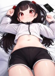 Rule 34 | artist name, black hair, black shorts, blush, breasts, cellphone, closed mouth, commentary, comodomodo, cowboy shot, cropped jacket, earrings, english commentary, hair bobbles, hair ornament, heart, heart earrings, highres, jacket, jewelry, long hair, long sleeves, looking at viewer, lulla (comodomodo), lying, navel, on back, original, phone, red eyes, short shorts, shorts, small breasts, smartphone, two side up, white jacket, zipper