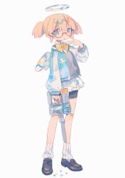 Rule 34 | 1girl, absurdres, angel wings, bandaid, bandaid on knee, bandaid on leg, bike shorts, blue eyes, brown footwear, collared shirt, daizu (melon-lemon), expressionless, from side, full body, glasses, gradient eyes, grey background, halo, hand up, highres, holding, jacket, loafers, long sleeves, looking at viewer, loose socks, multicolored clothes, multicolored eyes, multicolored skirt, multicolored wings, muted color, neck ribbon, no nose, open clothes, open jacket, original, parted lips, pink hair, pleated skirt, red-framed eyewear, ribbon, semi-rimless eyewear, shirt, shoes, short hair, short twintails, shorts, shorts under skirt, simple background, skirt, socks, solo, standing, star (symbol), sweater vest, tareme, twintails, under-rim eyewear, white socks, wing collar, wings, yellow ribbon