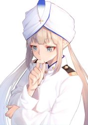 Rule 34 | 1boy, blonde hair, blue eyes, captain nemo (fate), closed mouth, fate/grand order, fate (series), feathers, hand up, hat, highres, jacket, long hair, long sleeves, male focus, mikan (chipstar182), military, military uniform, naval uniform, nemo (fate), simple background, solo, turban, twintails, uniform, upper body, white background, white hat, white jacket