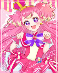 Rule 34 | 1girl, :d, blonde hair, blue eyes, blush, bow, bright pupils, character name, crown, cure wonderful, dot nose, dress, dress bow, earrings, hairband, head tilt, heart, inukai komugi, jewelry, long hair, looking at viewer, magical girl, mini crown, multicolored bow, multicolored eyes, multicolored hair, open mouth, paw pose, paw print, petticoat, pink background, pink dress, pink hair, pink theme, pink wrist cuffs, pouch, precure, puffy sleeves, purple bow, purple eyes, short dress, smile, solo, streaked hair, striped bow, tanshi tanshi, tilted headwear, twitter username, two-tone hair, two side up, upper body, wonderful precure!, wrist cuffs, yellow hairband