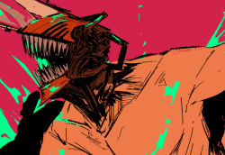 Rule 34 | 1boy, alternate form, blood, bloody weapon, body modification, chainsaw, chainsaw man, collarbone, colored blood, denji (chainsaw man), fang, fangs, fighting, green blood, highres, onaka 333, red background, sharp teeth, shueisha, solo, teeth, unusual blood color, weapon