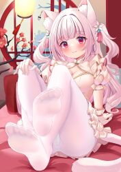 Rule 34 | 1girl, :3, absurdres, animal ear fluff, animal ears, arm support, blunt bangs, blush, breasts, cat ears, cat girl, cat tail, chucolala, cleavage, cleavage cutout, clothing cutout, commission, dress, extra ears, feet, flower, foot focus, frilled dress, frilled gloves, frills, gloves, hair flower, hair ornament, hand on own head, highres, kurashina yuzuki, long hair, looking at viewer, mashiro kanon, medium breasts, pantyhose, pink hair, pointy ears, reclining, red eyes, skeb commission, solo, tail, virtual youtuber, white pantyhose