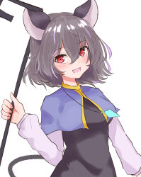 Rule 34 | 1girl, :d, animal ears, blush, capelet, dowsing rod, dress, grey hair, hair between eyes, highres, holding, jewelry, long sleeves, looking at viewer, mouse ears, mouse tail, nazrin, necklace, open mouth, pendant, red eyes, shirt, short hair, simple background, smile, solo, tail, touhou, upper body, white background, white shirt, yanagi (isiryu230)