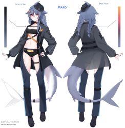 Rule 34 | 1girl, black shorts, blue hair, blue pants, braid, character sheet, color guide, commentary, english commentary, fins, fish hair ornament, fish tail, gluteal fold, grey jacket, hair ornament, highres, indie virtual youtuber, jacket, katsumi (katsumissan), looking at viewer, mako sameshima, mole, mole under eye, multiple views, pants, red eyes, second-party source, shark fin, shark girl, shark tail, short shorts, shorts, skindentation, tail, thigh strap, twin braids, virtual youtuber