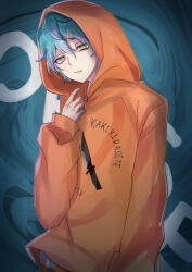 Rule 34 | 1boy, aqua hair, black background, blue background, charisma house, closed mouth, expressionless, fanu, highres, hood, hood down, hood up, hoodie, light purple hair, male focus, multicolored background, multicolored hair, ohse minato, orange hoodie, short hair, solo, yellow eyes