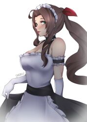 Rule 34 | 1340smile, 1girl, aerith gainsborough, alternate costume, apron, closed mouth, elbow gloves, enmaided, final fantasy, final fantasy vii, frills, gloves, green eyes, high ponytail, highres, long hair, looking at viewer, maid, maid apron, maid day, maid headdress, red lips, simple background, solo, very long hair, white background, white gloves